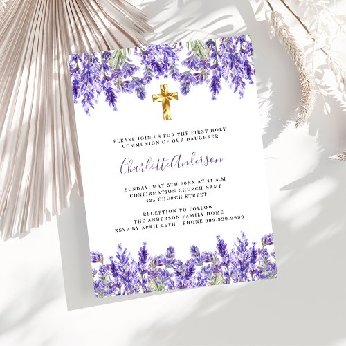 Lavender violet florals gold cross First Communion Invitation