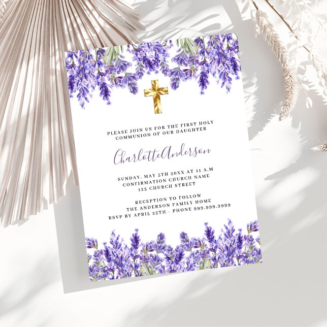 Lavender violet florals gold cross First Communion Invitation (Creator Uploaded)