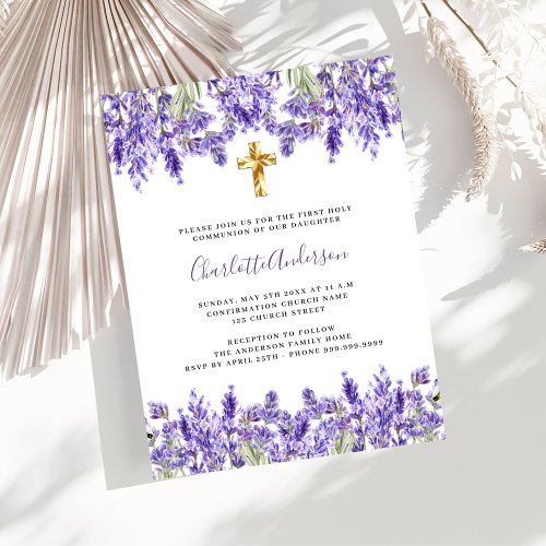 Lavender violet florals gold cross First Communion Invitation Postcard