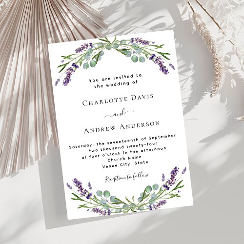 Lavender violet florals greenery formal wedding invitation