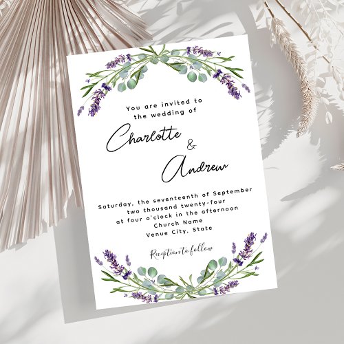 Lavender violet florals greenery script wedding invitation