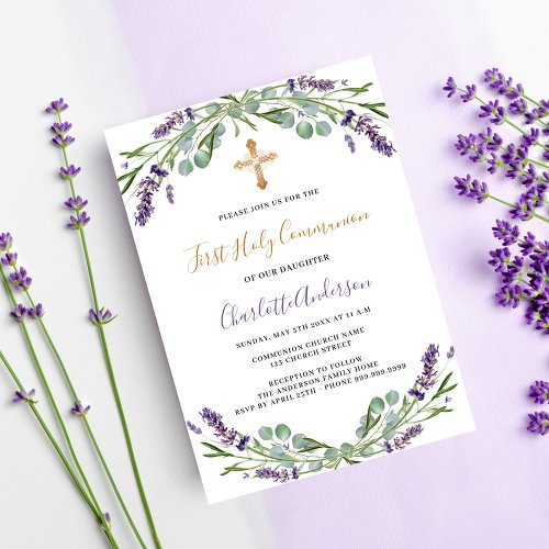 Lavender violet florals luxury First Communion Invitation