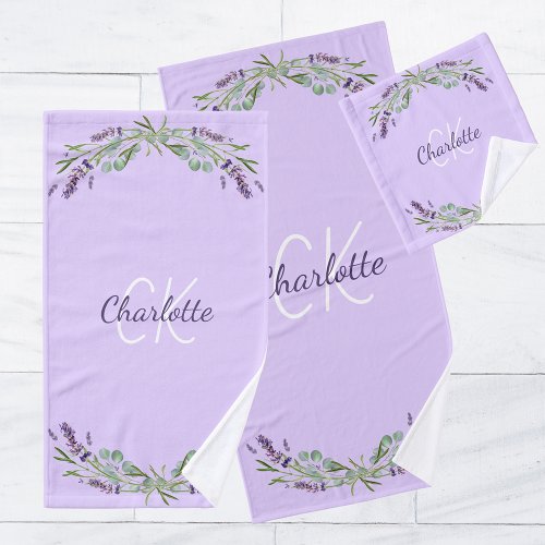 Lavender violet florals monogram name elegant bath towel set