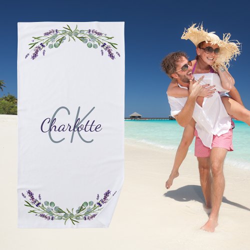 Lavender violet florals monogram name elegant beach towel