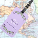 Lavender violet florals monogram name elegant luggage tag<br><div class="desc">Violet background,  decorated with lavender florals and eucalyptus greenery. Personalize and add a name and monogram initials. The name is written with a modern hand lettered style script.</div>