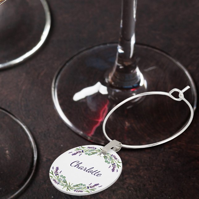 Lavender violet florals monogram name wine charm (Creator Uploaded)