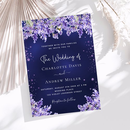 Lavender violet florals navy blue luxury wedding invitation