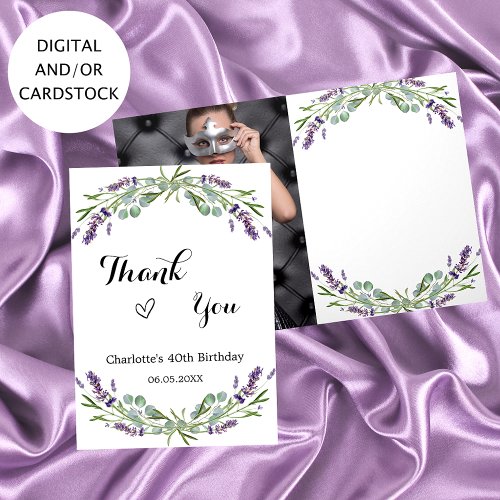 Lavender violet florals photo birthday thank you card