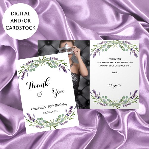 Lavender violet florals photo birthday thank you card