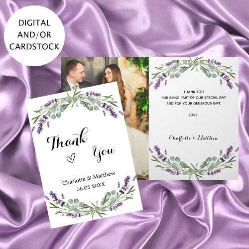 Lavender violet florals photo wedding thank you card