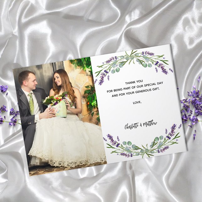 Lavender violet florals photo wedding thank you card (Creator Uploaded)