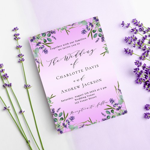 Lavender violet florals pink greenery wedding invitation