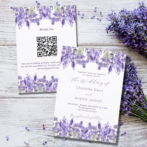 Lavender violet florals QR RSVP details wedding Invitation