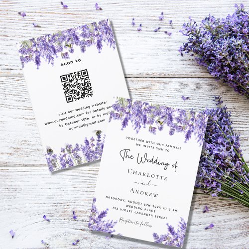 Lavender violet florals QR RSVP details wedding Invitation