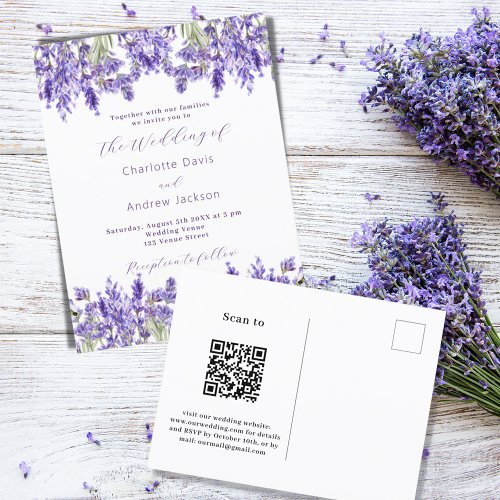 Lavender violet florals QR RSVP details wedding Invitation Postcard