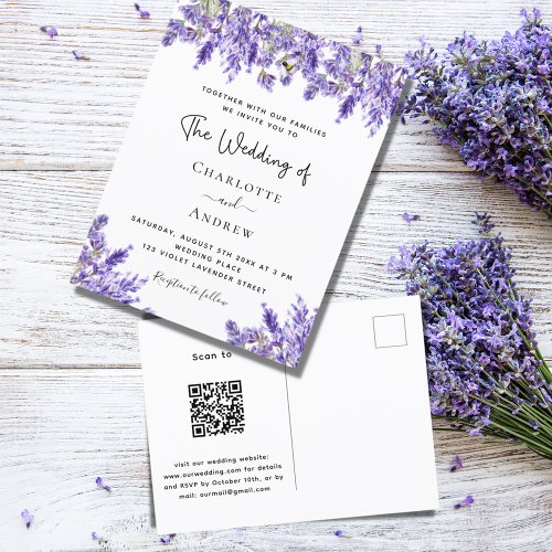 Lavender violet florals QR RSVP details wedding Invitation Postcard