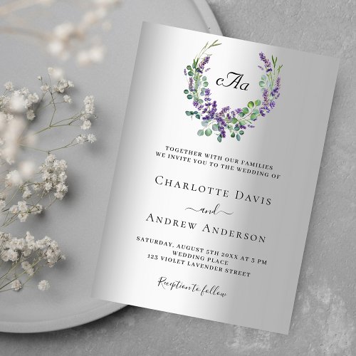 Lavender violet florals silver monogram wedding invitation