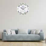 Lavender violet florals wedding anniversary large clock<br><div class="desc">White background,  violet,  green and black text. Decorated with lavender flowers,  and eucalyptus greenery.   Personalize and add your names and the wedding date or anniversary date.  Clock face numers under the florals.</div>