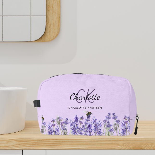 Lavender violet flowers bees name monogram dopp kit (Creator Uploaded)