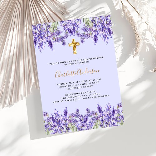 Lavender violet flowers gold cross Confirmation Invitation
