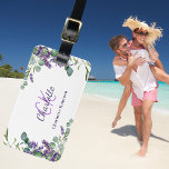 Lavender violet flowers monogram name luggage tag<br><div class="desc">A white background,  decorated with lavender florals and eucalyptus greenery. Personalize and add a name and monogram initials. The name is written with a modern hand lettered style script.</div>