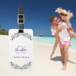 Lavender violet flowers monogram name white luggage tag<br><div class="desc">A white background,  decorated with lavender florals and eucalyptus greenery. Personalize and add a name and monogram initials. The name is written with a modern hand lettered style script.</div>