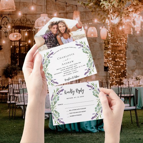 Lavender violet flowers photo wedding all in one invitation