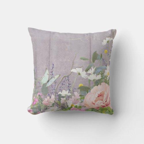 Lavender Violet French Vintage Floral Butterfly Throw Pillow