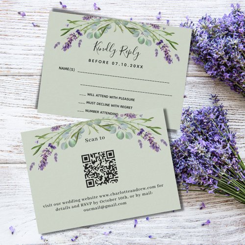 Lavender violet green QR wedding response RSVP Note Card