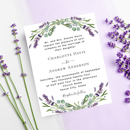 Lavender violet greenery budget wedding invitation