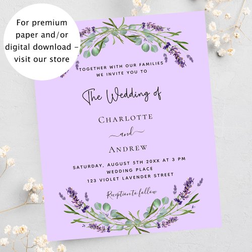Lavender violet greenery budget wedding invitation flyer