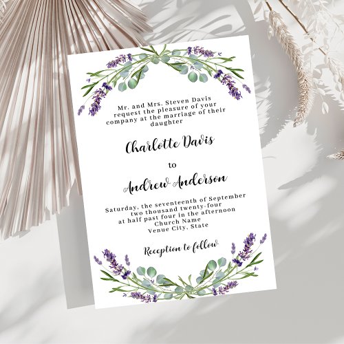 Lavender violet greenery formal luxury wedding invitation