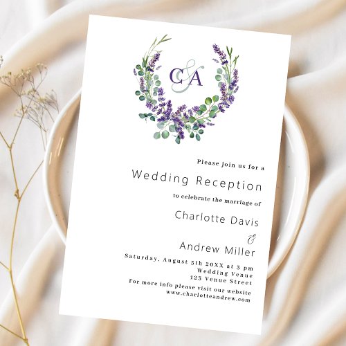 Lavender violet monogram crest wedding reception invitation
