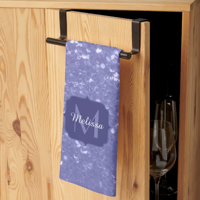 Lavender violet sparkles glitter bling Monogram Kitchen Towel (Thirds Fold)