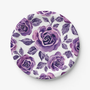 Lavender & Violet Watercolor Rose Floral Pattern Paper Plates