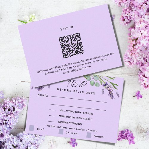 Lavender violet wedding menu QR response RSVP