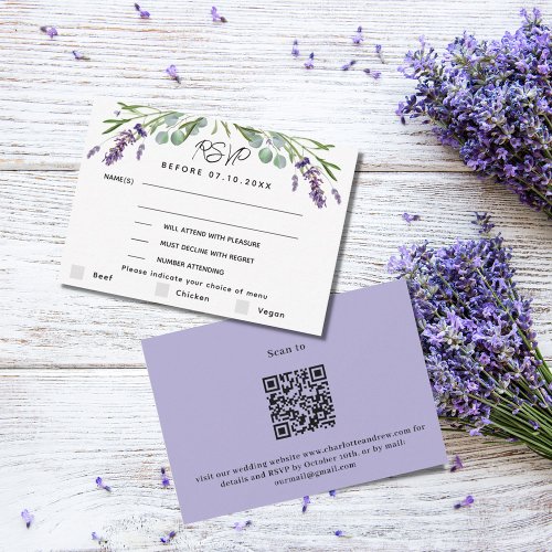 Lavender violet wedding menu QR response RSVP