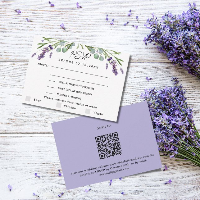 Lavender violet wedding menu QR response RSVP (Creator Uploaded)