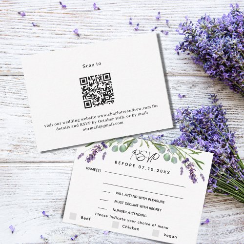 Lavender violet wedding menu QR response RSVP