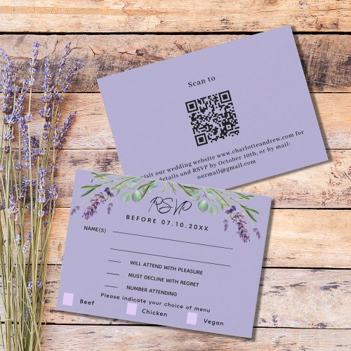 Lavender violet wedding menu QR response RSVP card