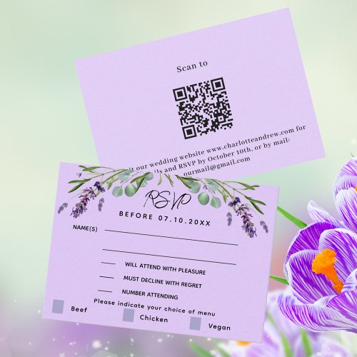 Lavender violet wedding menu QR response RSVP card