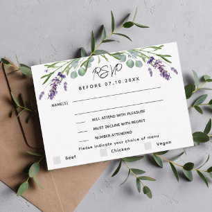 Lavender violet wedding menu response RSVP card