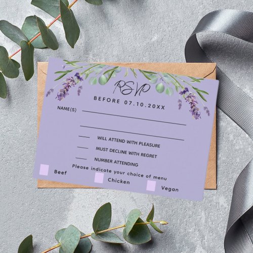 Lavender violet wedding menu response RSVP card