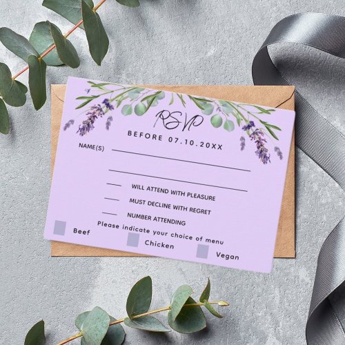 Lavender violet wedding menu response RSVP card