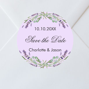 Lavender violet wedding Save the Date Classic Round Sticker