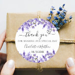 Lavender violet wedding thank you classic round sticker<br><div class="desc">A stylish white background decorated with watercolored lavender flowers.  Personalize and add your names and wedding date. With the text: Thank you for sharing our special day.</div>