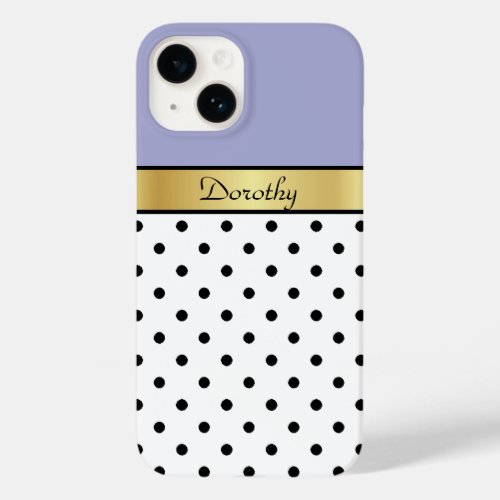 Lavender Violet White Black Polka Dots Gold Name Case_Mate iPhone 14 Case