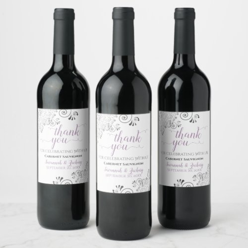 Lavender w Gray Frills on White Wedding Thank You Wine Label