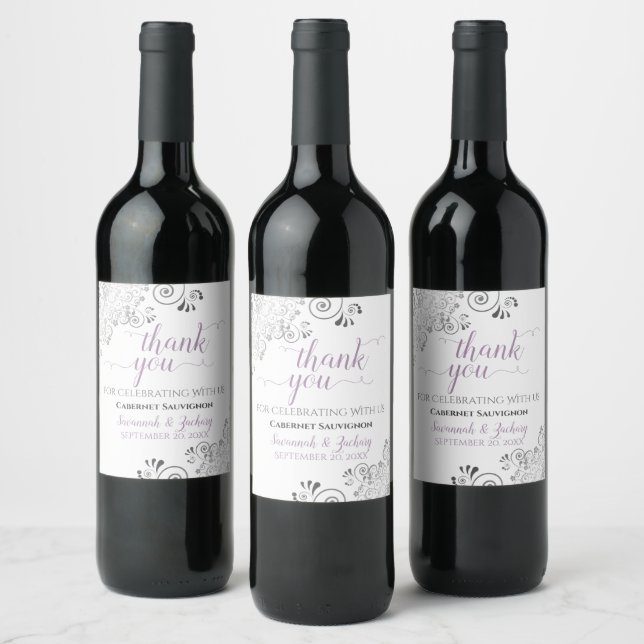 Lavender w/ Gray Frills on White Wedding Thank You Wine Label (Bottles)