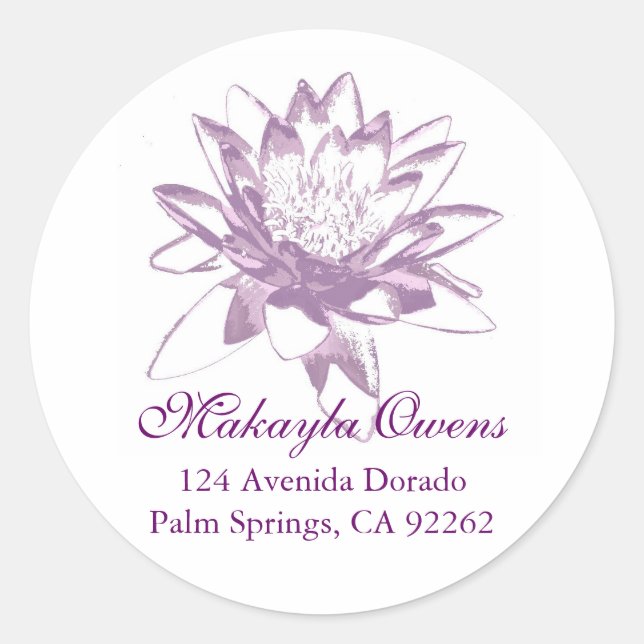 Lavender Water Lily Round Address Labels (Front)